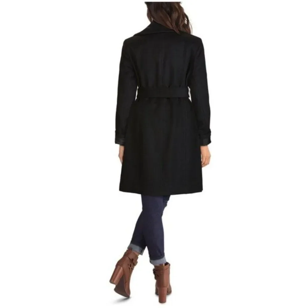 Cole Haan Black Wool Blend Belted Wrap Coat - Picture 2 of 3